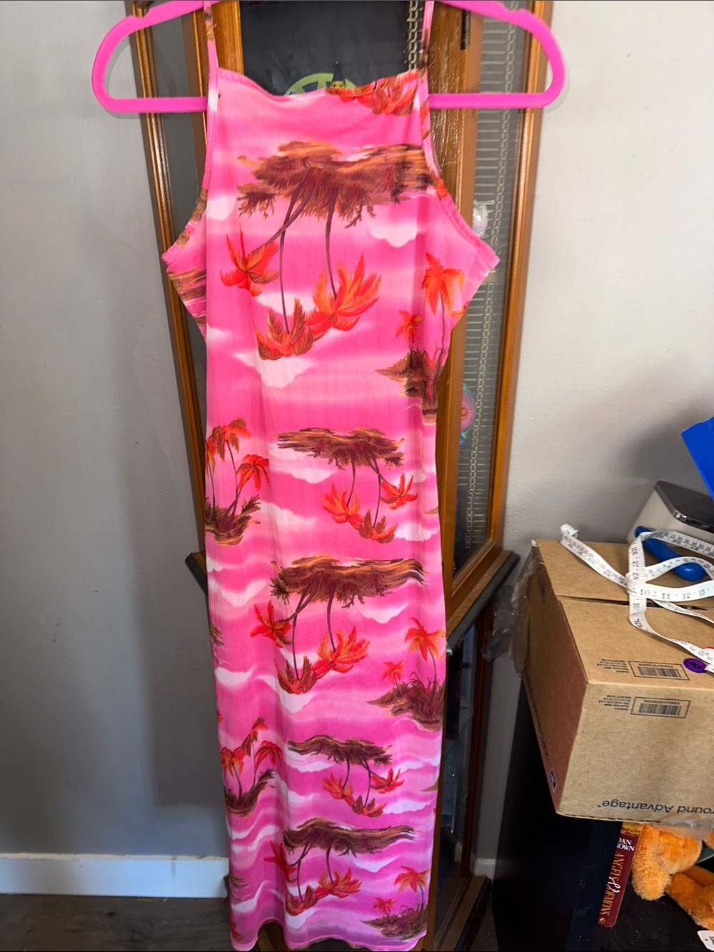 Vibrant Pink Tropical Halter Maxi Dress